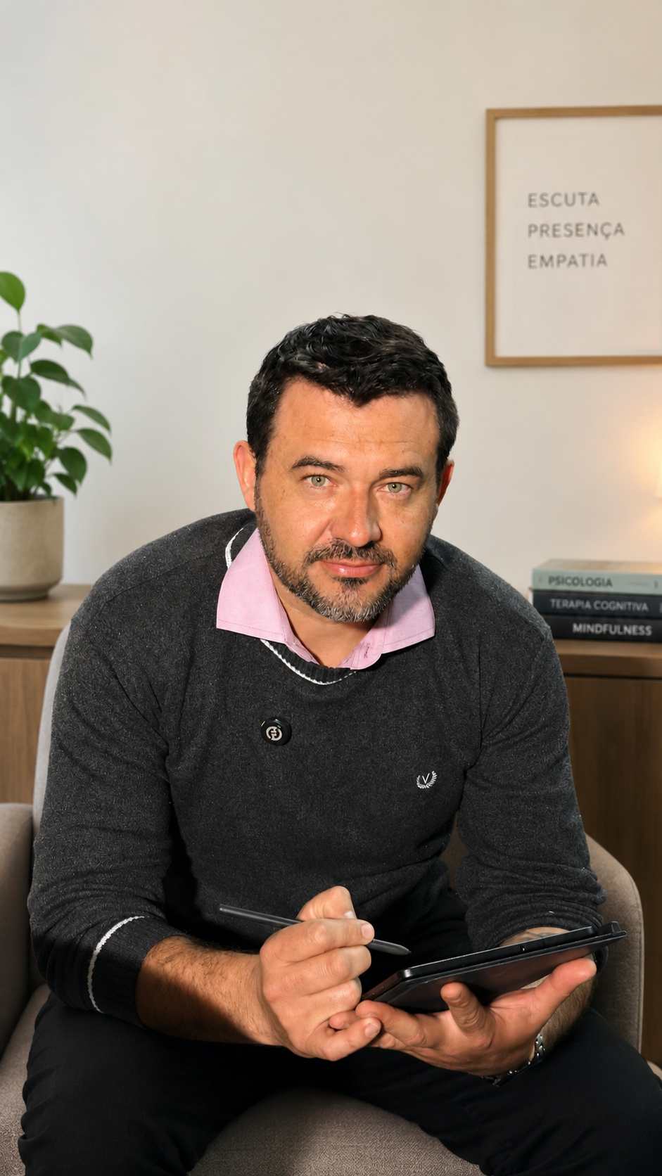 Juliano Fonseca em seu consultório, em um ambiente de escuta e acolhimento